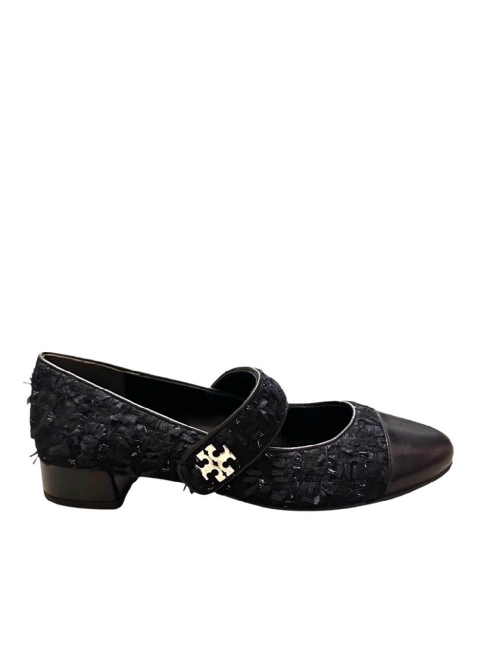 TORY BURCH Black Bouclé Leather Low Heel Cap Toe Mary Jane Ballet Flats